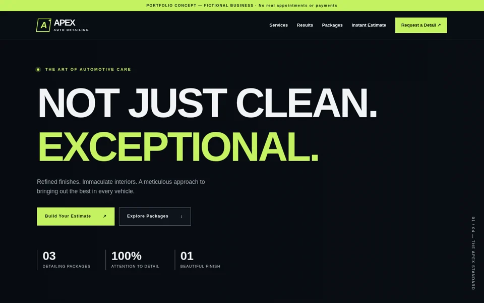 Homepage screenshot of the Apex Auto Detailing portfolio website