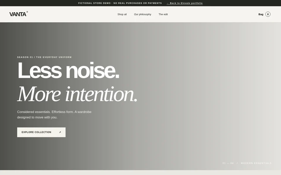 Homepage screenshot of the VANTA Clothing portfolio website